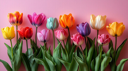 Obraz premium A whimsical arrangement of tulips in various pastel colors scattered across a light pink background, 