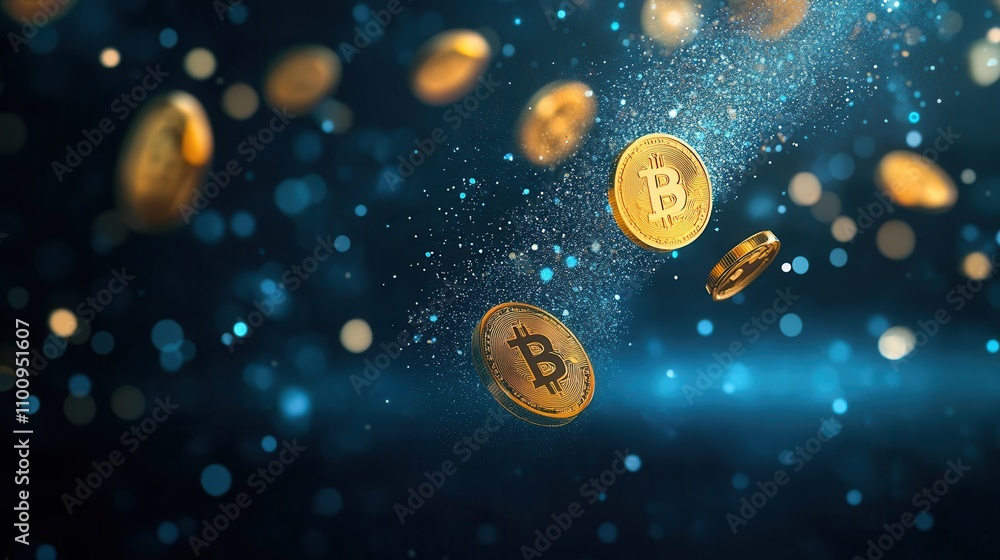 Poster falling bitcoin coins sparkle in a digital atmosphere, symbolizing cryptocurrency and its growth in 