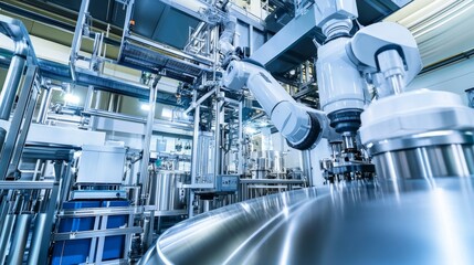 A robot handling automated chemical mixing in a high-tech chemical production facility with clean, organized mixing stations and advanced chemical processing equipment, Chemical mixing tech style