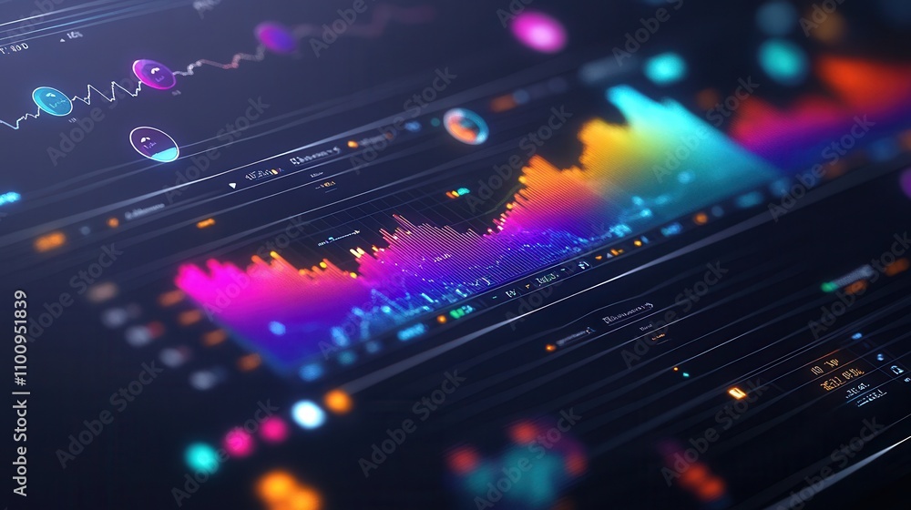 Poster Colorful digital data visualization showcasing graphs and charts with vibrant colors and dynamic patterns, representing analytical insights.