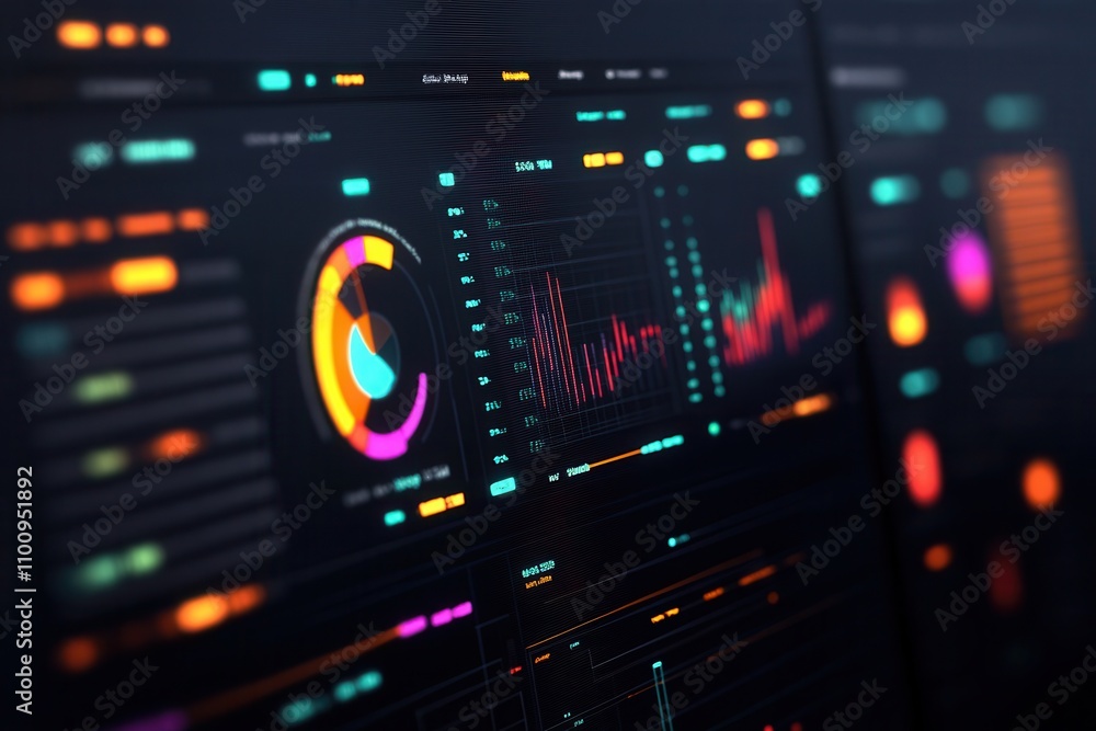 Poster A vibrant digital dashboard displays colorful graphs and data visualizations, showcasing analytics and metrics in a modern interface.