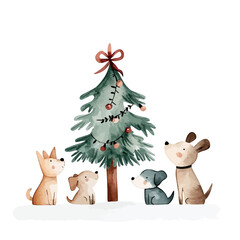 Fototapeta premium Christmas Tree Pup Party: Four adorable dogs gather around a festively decorated Christmas tree, their eyes twinkling with anticipation for the holiday season.
