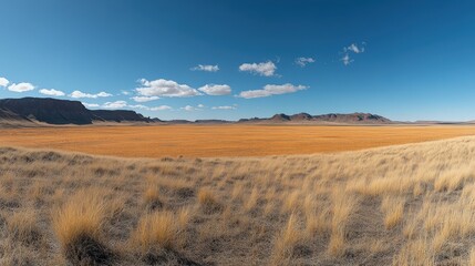 Obraz premium A vast landscape of golden grass under a clear blue sky with distant mountains.