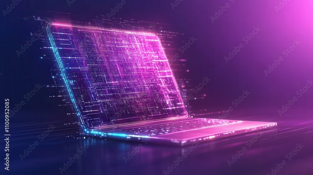 Poster a glowing laptop with a digital, futuristic design, featuring vibrant colors and a matrix-like appea