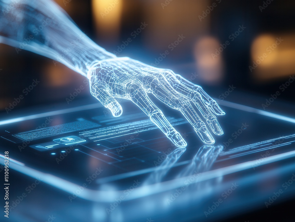 Aufkleber A futuristic holographic hand interacts with a digital interface, symbolizing advanced technology and human-computer interaction.