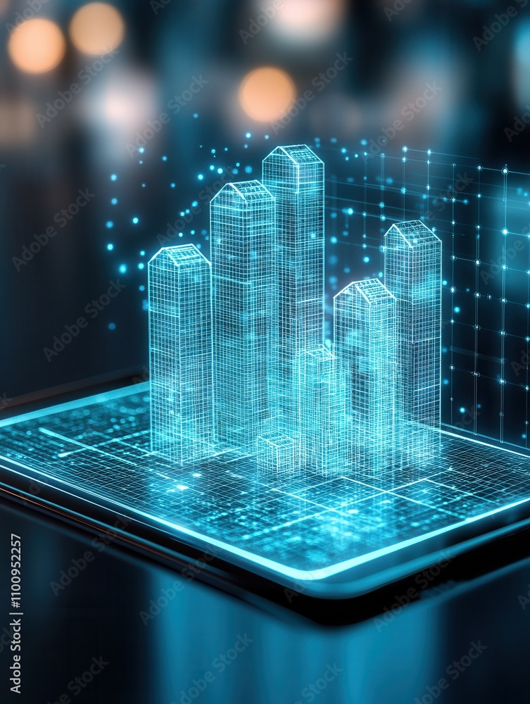 Poster A futuristic digital graph displayed on a device, featuring glowing bars and a high-tech interface, symbolizing data analysis and technology.