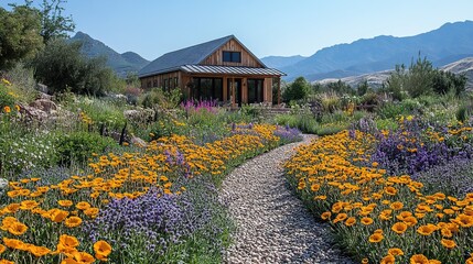 A xeriscape garden flourishes with diverse flowers, showcasing an environmentally friendly landscape designed for sustainability.