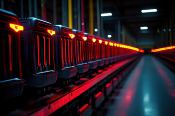 Obraz premium row of powerful servers with red LED lights in dimly lit data center, creating futuristic and high tech atmosphere. servers are aligned neatly, emphasizing precision and technology