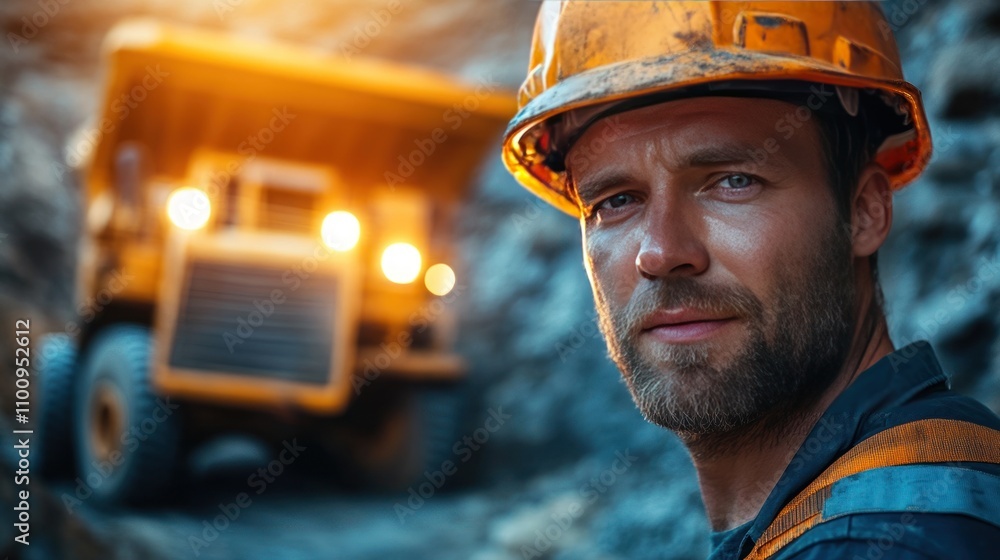 Poster the face of a miner with the image of a tunnel and a mining truck overlapping, conveys dedication an