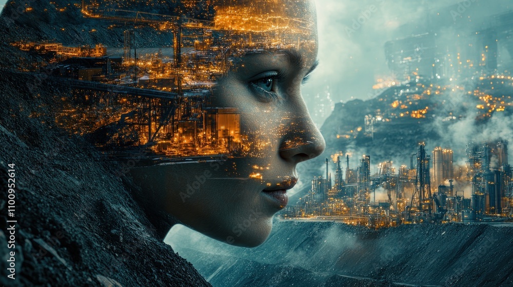 Poster the face of a mining engineer overlapping with the image of an underground mine and a large city lan