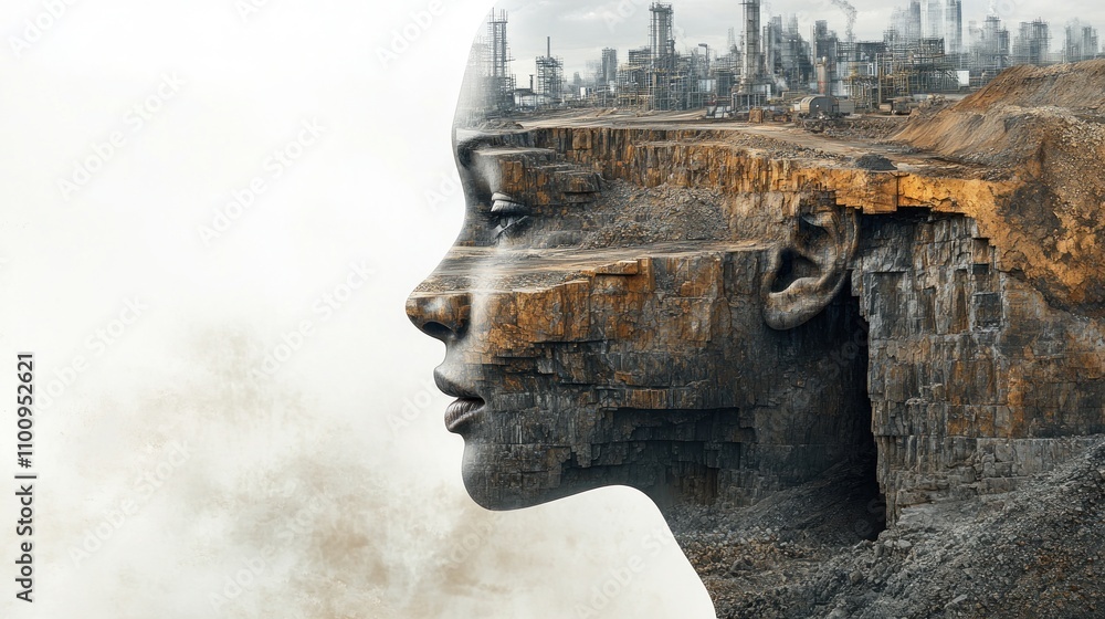 Poster the face of a mining engineer overlapping with the image of an underground mine and a large city lan