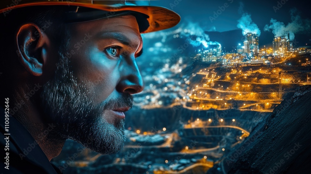 Poster the face of a mining engineer overlapping with the image of an underground mine and a large city lan