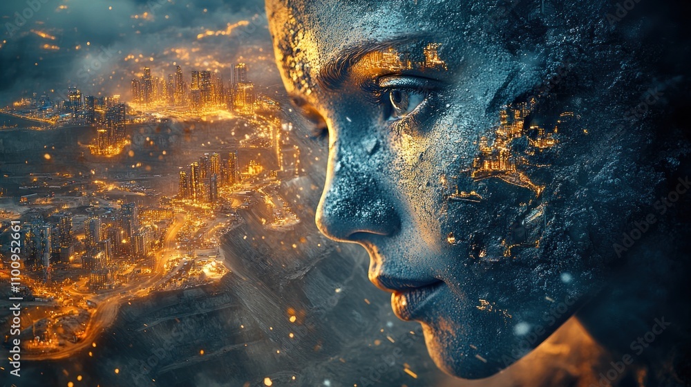 Poster the face of a mining engineer overlapping with the image of an underground mine and a large city lan