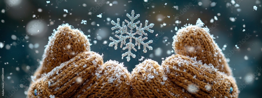 Poster hands holding a delicate snowflake surrounded by falling snowflakes