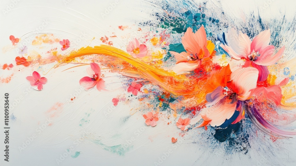 Poster the floating paint brushes, overlapping with the lines of color and flowers, convey the idea of crea