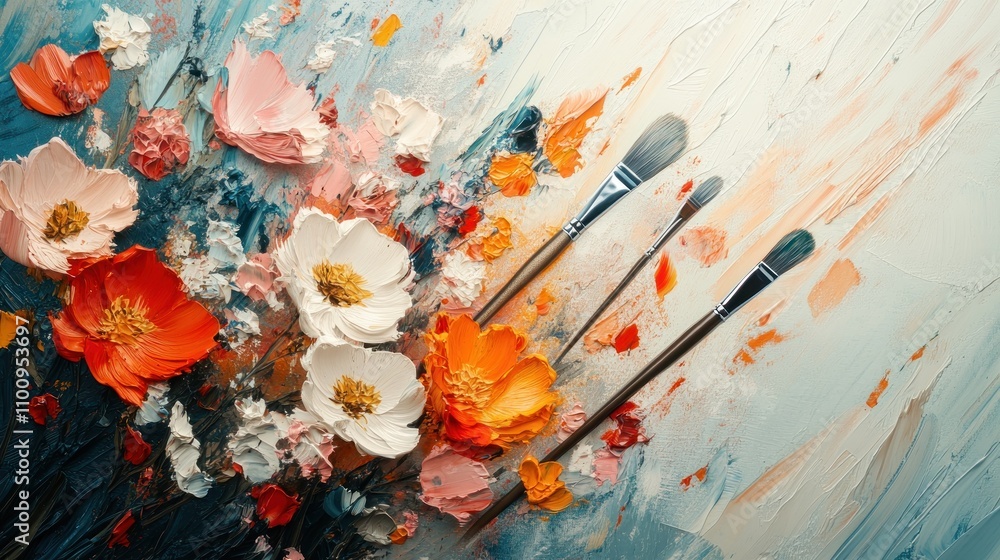 Poster The floating paint brushes, overlapping with the lines of color and flowers, convey the idea of creativity and free expression.