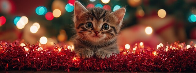 Adorable kitten surrounded by colorful holiday lights and decorations