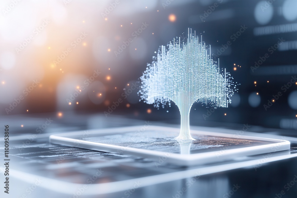 Poster A glowing digital tree emerges from a smartphone, symbolizing technology and nature's fusion in a modern, abstract setting.