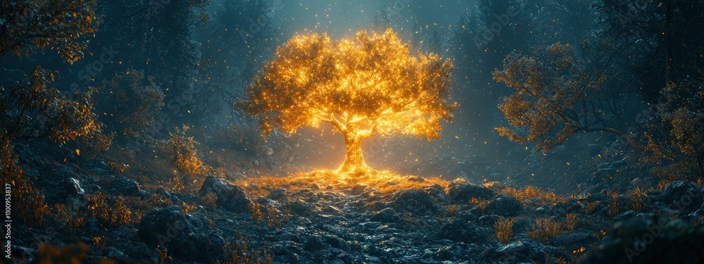 Poster a glowing tree in a mystical forest with sparkling particles