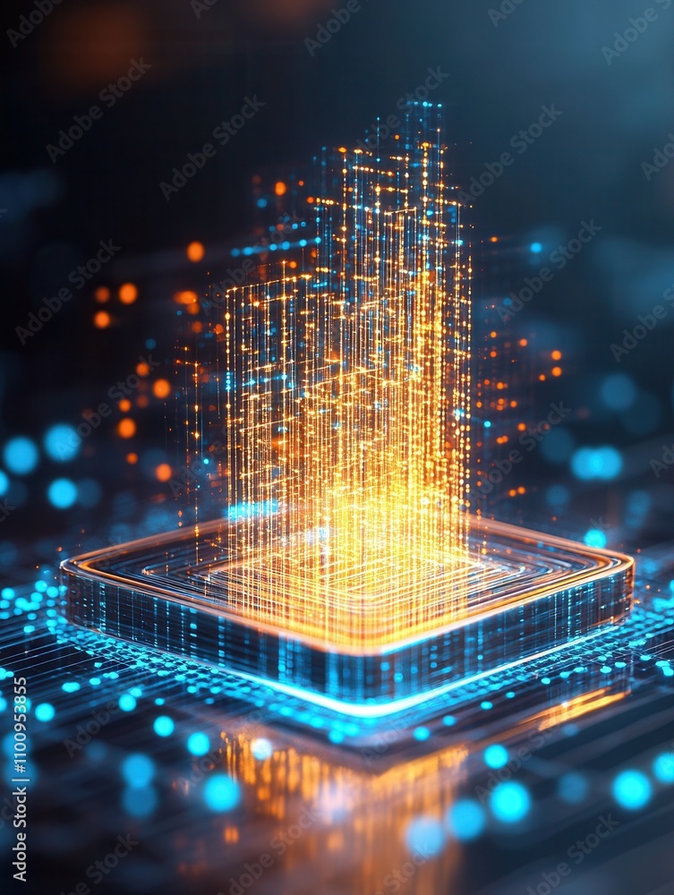 Poster A vibrant digital representation of a microchip emitting glowing data streams, symbolizing advanced technology and innovation.
