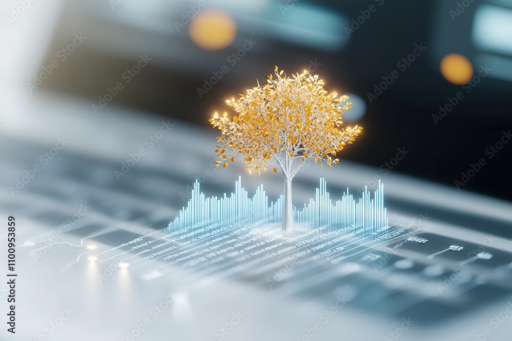 Poster a digital tree emerges from a sound wave visualization, symbolizing the harmony between nature and t