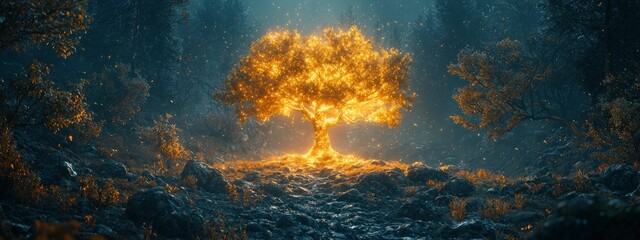 Obraz premium A glowing tree in a mystical forest with sparkling particles