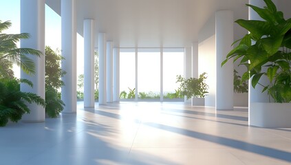 Fototapeta premium Serene Minimalist Architectural Design: Sunlit Atrium with Lush Greenery