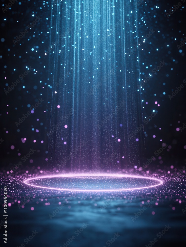 Aufkleber A mesmerizing scene of glowing particles falling from above, creating a radiant circular light on a dark background.