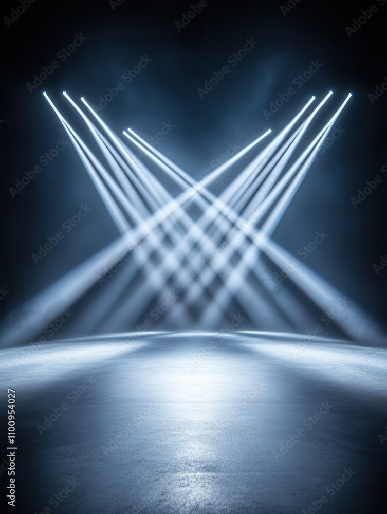 Poster A dramatic stage scene illuminated by intersecting beams of light, creating an atmospheric effect on a polished floor.