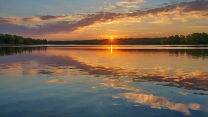 Obraz premium Sunset illuminating a tranquil lake, its colors mirrored in the still water, centered sun in a horizon composition.