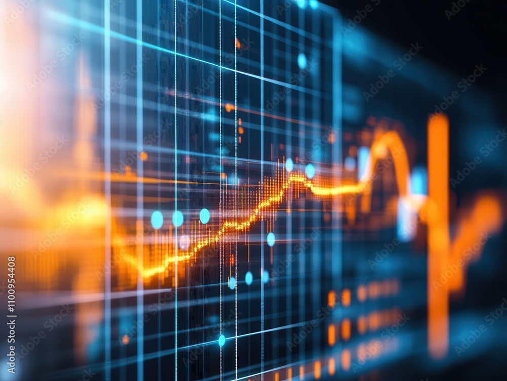 Aufkleber A vibrant digital chart displaying fluctuating data trends with glowing lines against a grid background, representing analytics and technology.