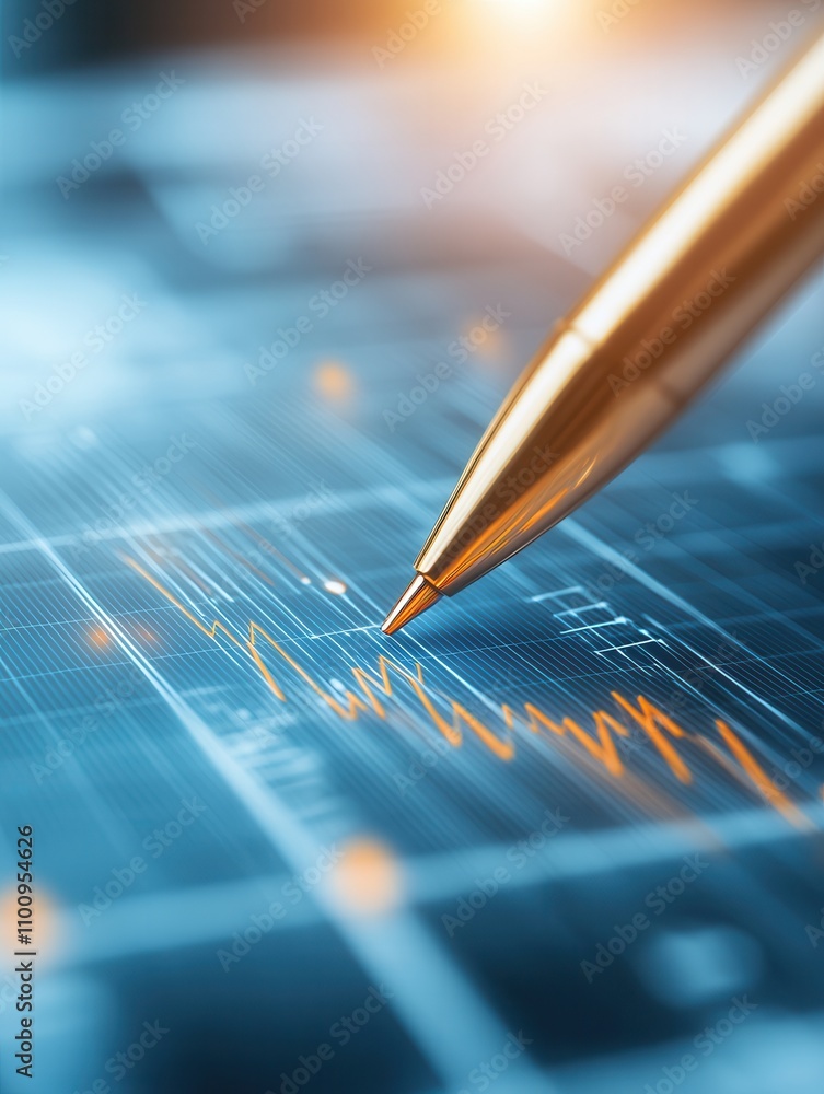 Poster a close-up of a pen poised over a digital graph, symbolizing data analysis and financial growth.