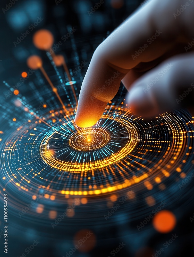 Poster A close-up of a hand interacting with a glowing digital interface, featuring circular patterns and vibrant particles, symbolizing technology and connectivity.