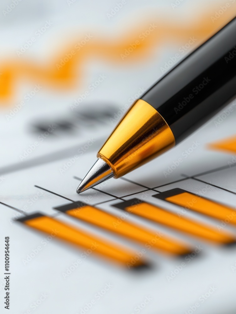 Poster A close-up of a pen resting on a financial graph with orange bars, symbolizing analysis and data-driven decisions in finance.