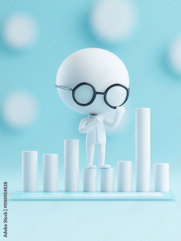 Poster a stylized character with glasses stands thoughtfully on a bar graph, symbolizing analysis and data 