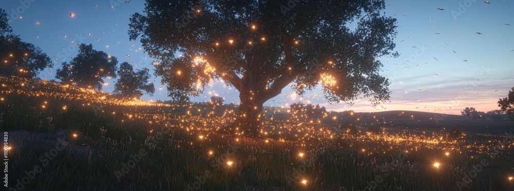 Poster enchanting twilight scene a majestic tree in a field illuminated by fireflies, creating a magical at