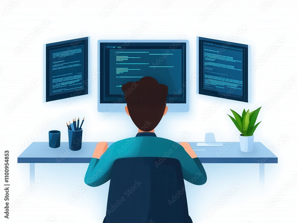 Poster A person working at a desk with three computer monitors displaying code, surrounded by a plant and office supplies, reflecting a tech-focused environment.