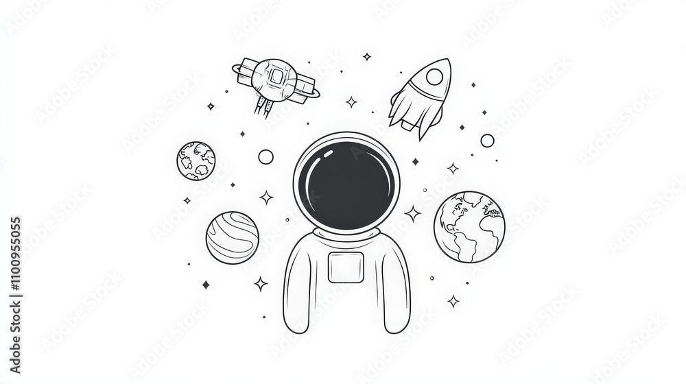Poster astronaut in space with planets and rockets in minimalist style
