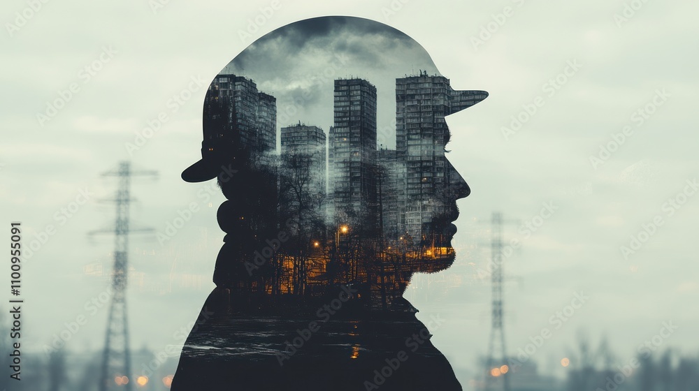 Poster the silhouette of a miner overlapping with the image of a tall building in the city, conveys the con