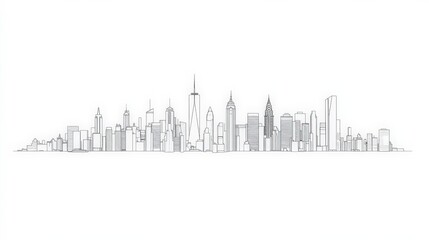 Minimalist Line Art Cityscape with Skyscrapers and Iconic Buildings