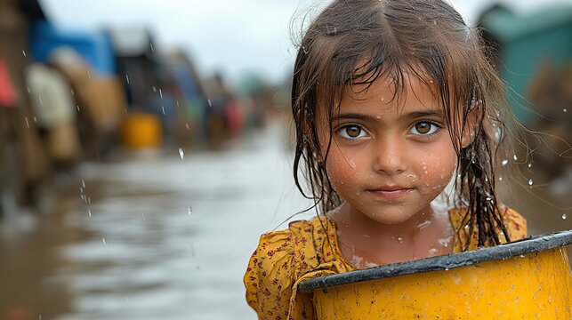 A young girl carries a heavy water bucket, illustrating the daily struggles faced by children in areas affected by climate change.