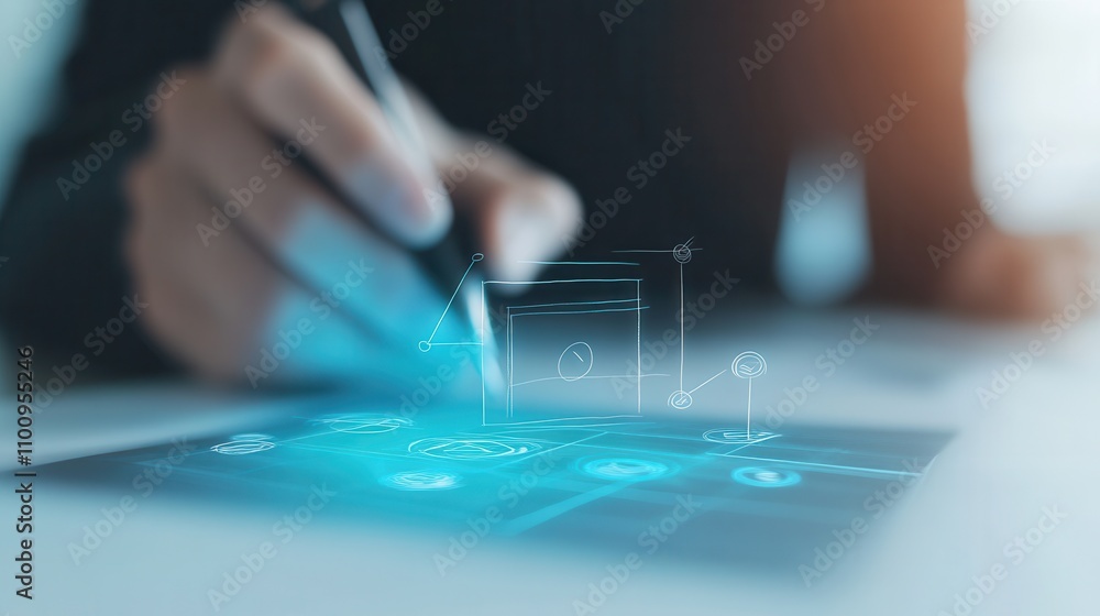 Aufkleber A hand using a digital pen interacts with a glowing touchscreen displaying various icons and graphs, symbolizing technology and innovation.