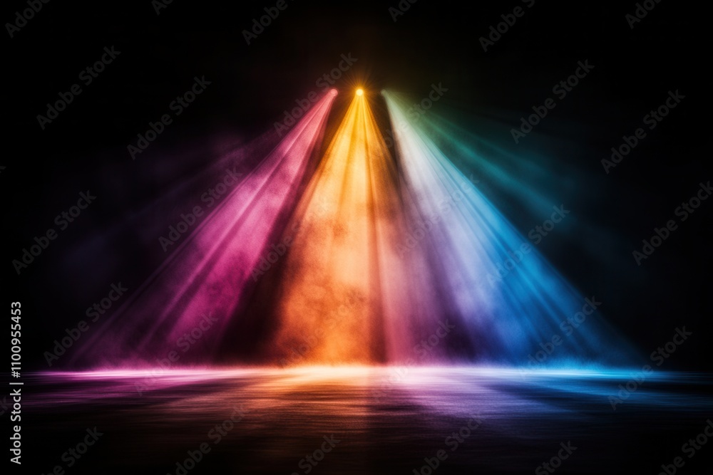 Poster Colorful beams of light shine through mist, creating an atmospheric display against a dark background.