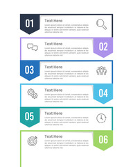 6 Vertical infographic options, continuous ribbon dialog. Presentation, Banner, Brochure and Plan. Vector illustration.