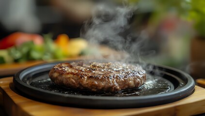 Sizzling Juicy Beef Burger Patty on Hot Plate