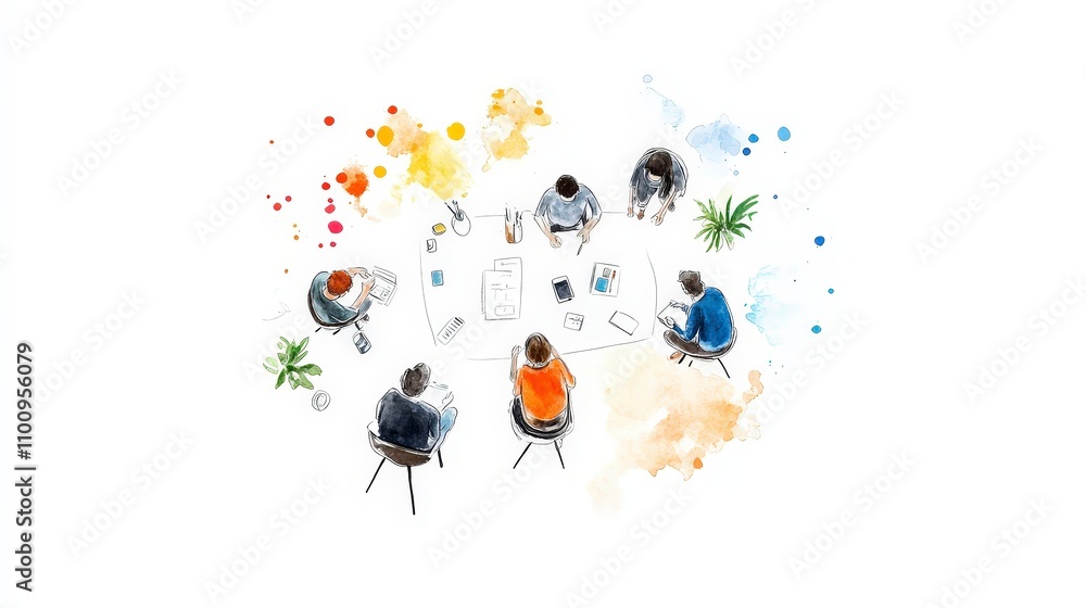 Poster creative team collaboration around a round table with colorful splash