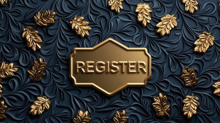 A gold "REGISTER" sign on a textured dark background adorned with elegant leaf motifs, creating a luxurious and inviting appearance.