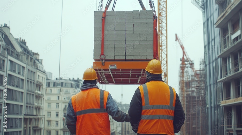 Poster two construction workers are transporting bricks and blocks via a material elevator at a high-rise b