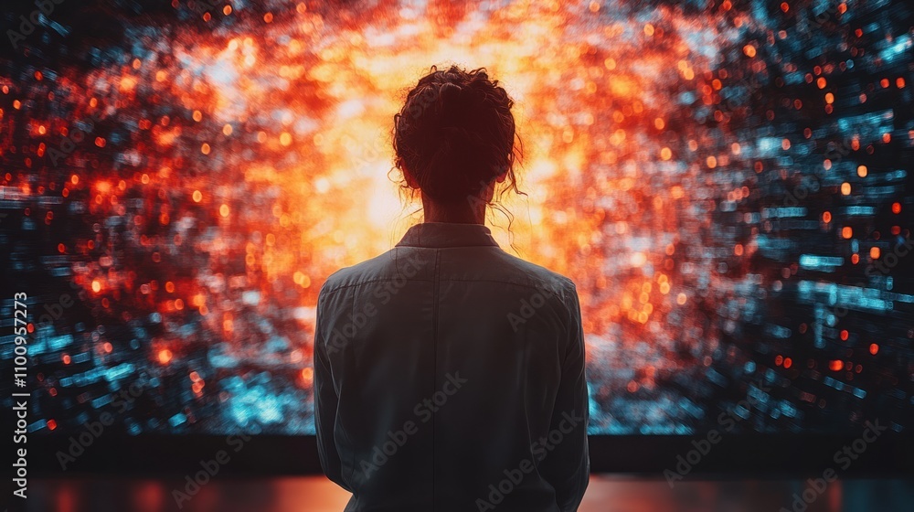 Poster a woman stands before a large screen displaying a dynamic digital art piece with a swirling abstract