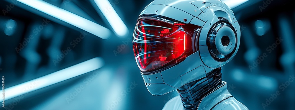 Poster futuristic robot with sleek design and glowing visor in a sci-fi setting